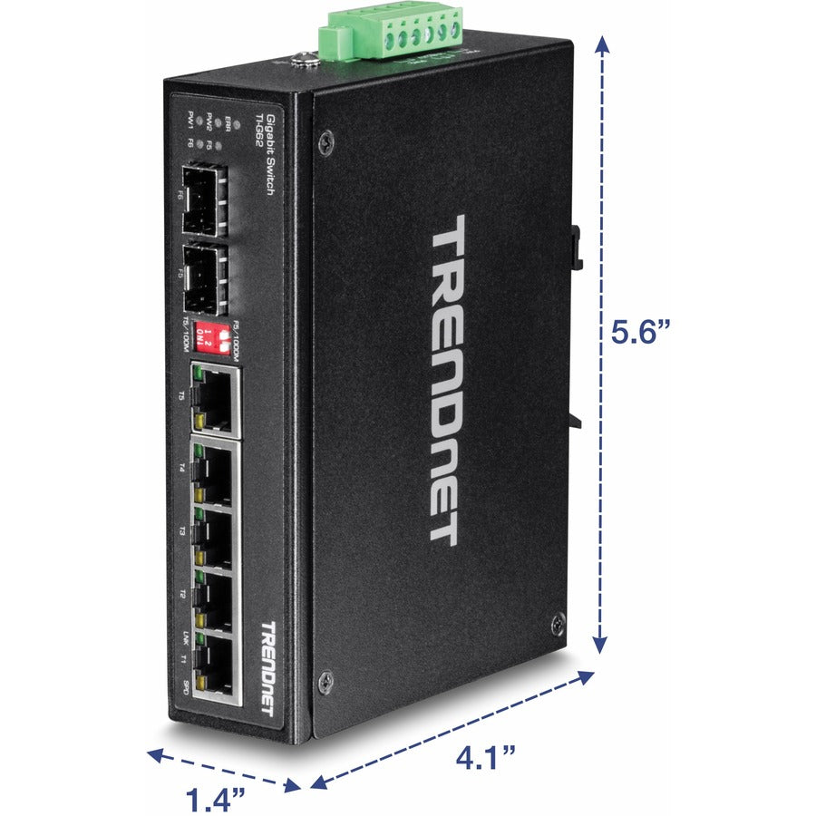 TRENDnet Commutateur Gigabit industriel renforcé sur rail DIN à 6 ports, capacité de commutation de 12 Gbit/s, boîtier métallique classé IP30 (-40 à 167 ?F), rail DIN et supports muraux inclus, protection à vie, noir, TI-G62 TI-G62