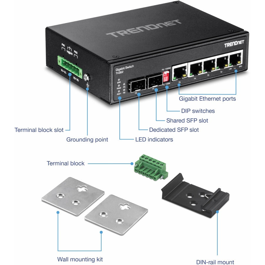 TRENDnet 6-Port Hardened Industrial Gigabit DIN-Rail Switch, 12 Gbps Switching Capacity, IP30 Rated Metal Housing (-40 to 167 ?F),DIN-Rail & Wall Mounts Included, Lifetime Protection, Black, TI-G62 TI-G62