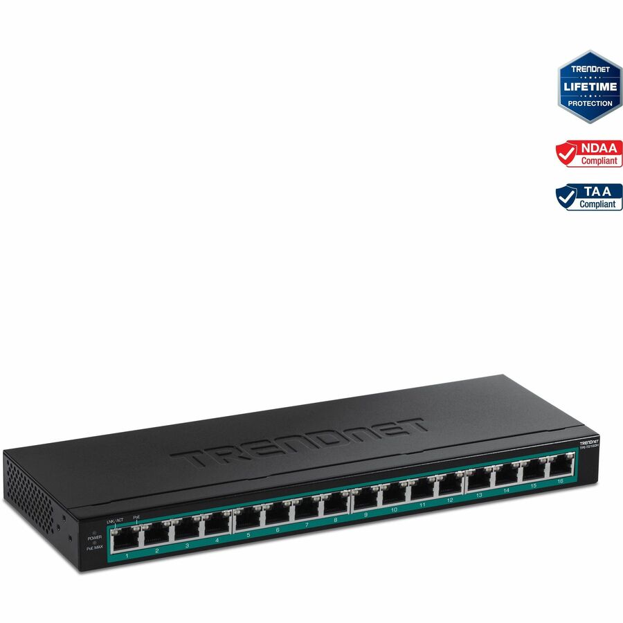 TRENDnet 16-Port Gigabit PoE+ Switch; TPE-TG160H; 123W PoE Power Budget; 32 Gbps Switching Capacity; Desktop Switch; Ethernet Network Switch; Metal; 1U 10" Rack Mountable; Lifetime Protection TPE-TG160H