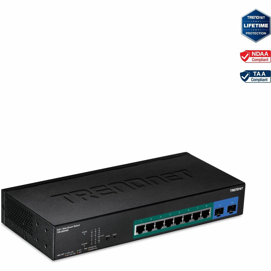 TRENDnet 10-Port Gigabit Web Smart PoE+ Switch, 8 x Gigabit PoE+ Ports, 2 x SFP Slots, Vlan, QoS, IPv6 Support, 20Gbps Switching Capacity, 75W PoE Power Budget, Lifetime Protection, Black, TPE-082WS TPE-082WS