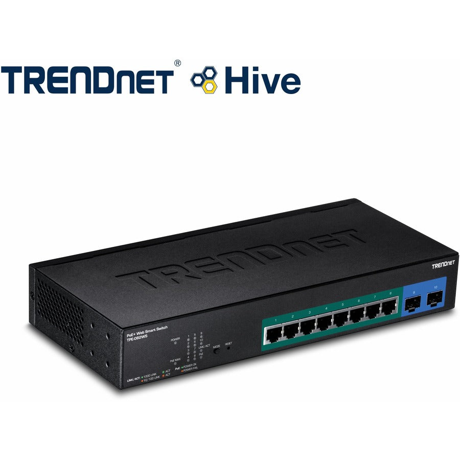 TRENDnet 10-Port Gigabit Web Smart PoE+ Switch, 8 x Gigabit PoE+ Ports, 2 x SFP Slots, Vlan, QoS, IPv6 Support, 20Gbps Switching Capacity, 75W PoE Power Budget, Lifetime Protection, Black, TPE-082WS TPE-082WS