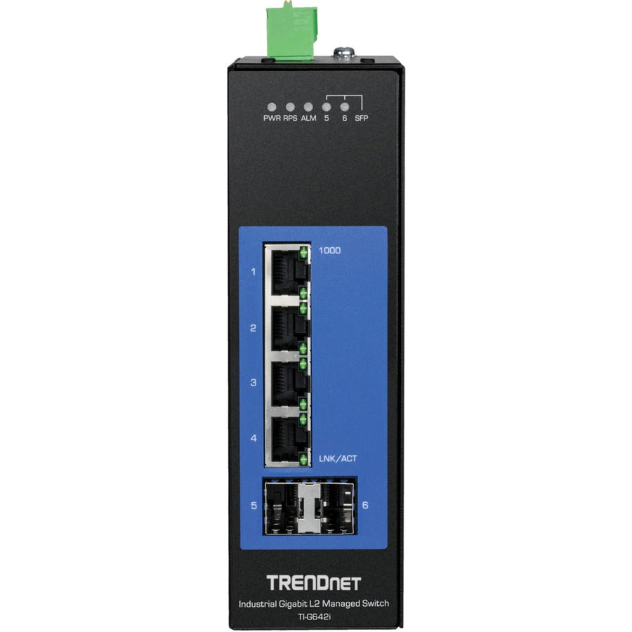 TRENDnet 6-Port Industrial Gigabit L2 Managed DIN-Rail Switch; 4 x Gigabit Ports; 2 x SFP Slots; DIN-Rail Mount; IP30; VLAN; QoS; LACP; STP/RSTP; Bandwidth management; Lifetime Protection; TI-G642i TI-G642I