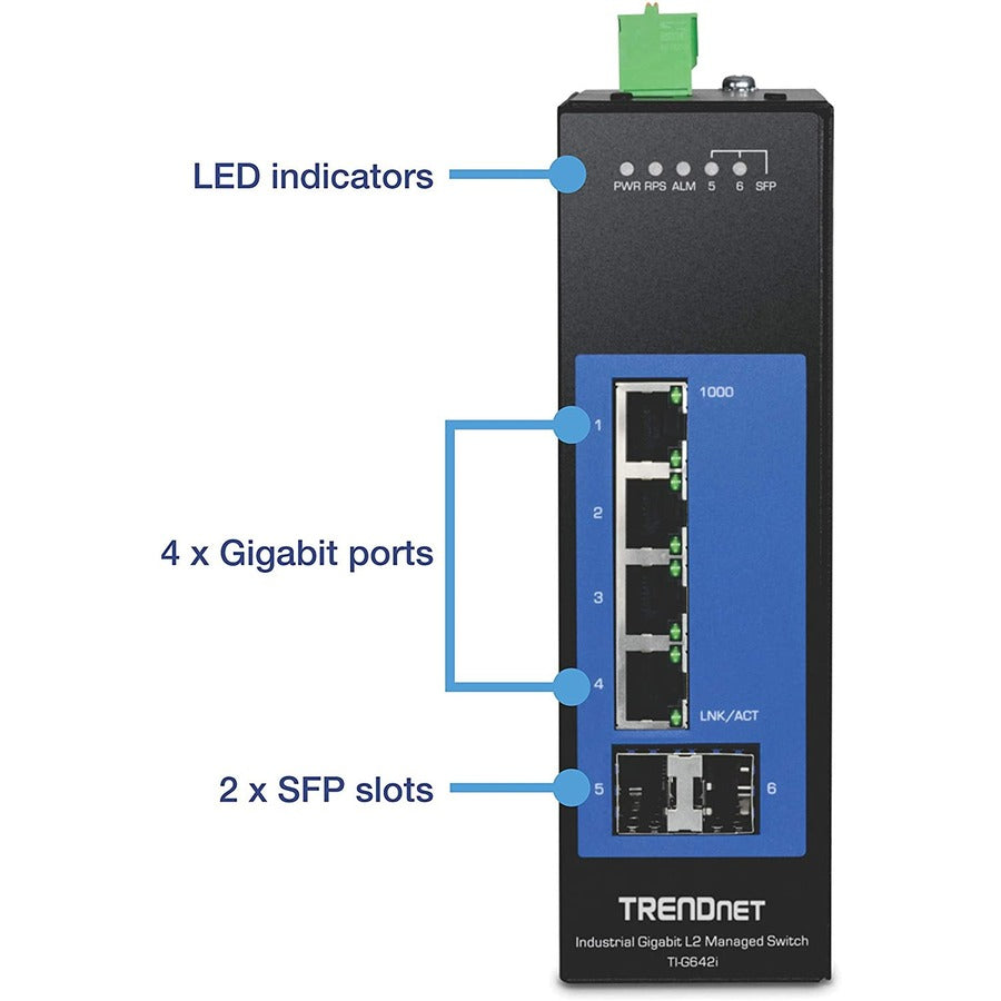 Commutateur rail DIN géré Gigabit L2 industriel à 6 ports TRENDnet ; 4 ports Gigabit ; 2 emplacements SFP ; Montage sur rail DIN ; IP30 ; VLAN ; QoS ; LACP ; STP/RSTP ; Gestion de la bande passante ; Protection à vie ; TI-G642i TI-G642I