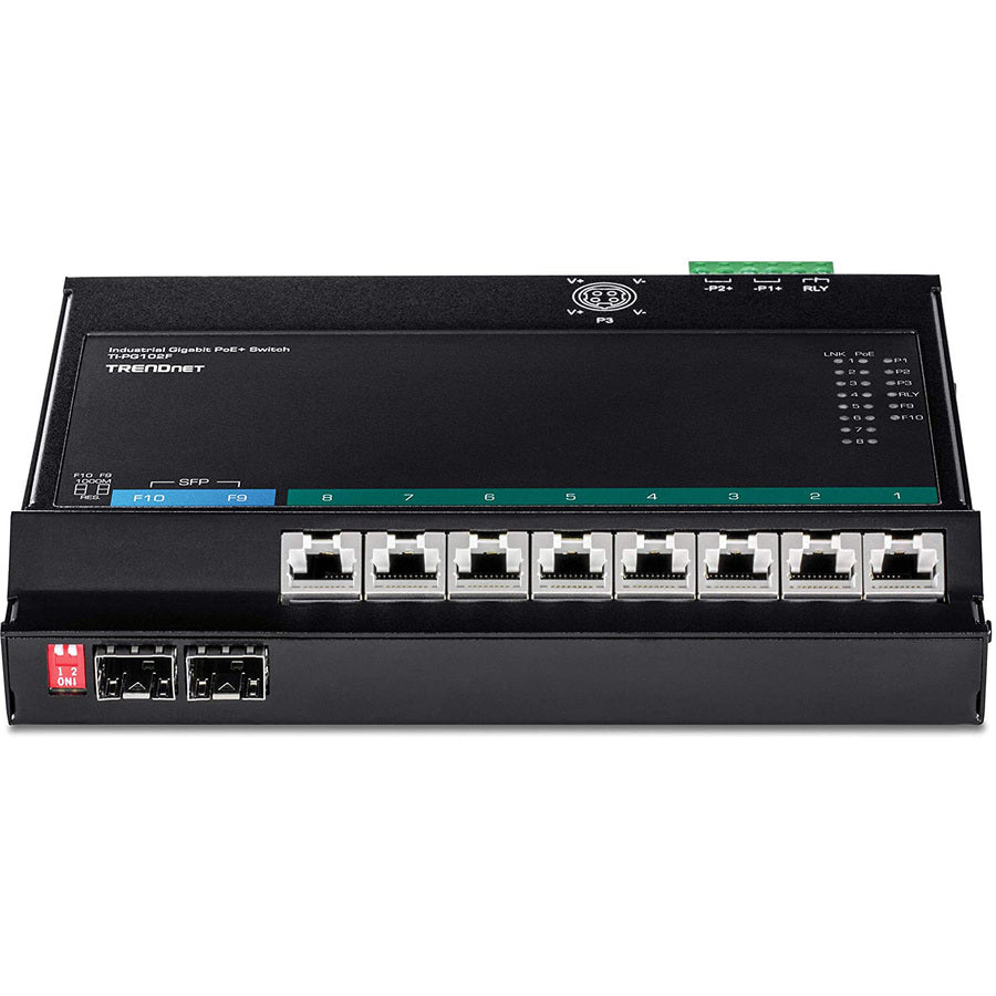 TRENDnet 10-Port Industrial Gigabit PoE+ Wall-Mounted Front Access Switch; TI-PG102F; 8x Gigabit PoE+ Ports; 2 x Gigabit SFP Slots; 240W PoE Budget; DIN-Rail & Wall Mount Brackets Included; IP30 Rated TI-PG102F
