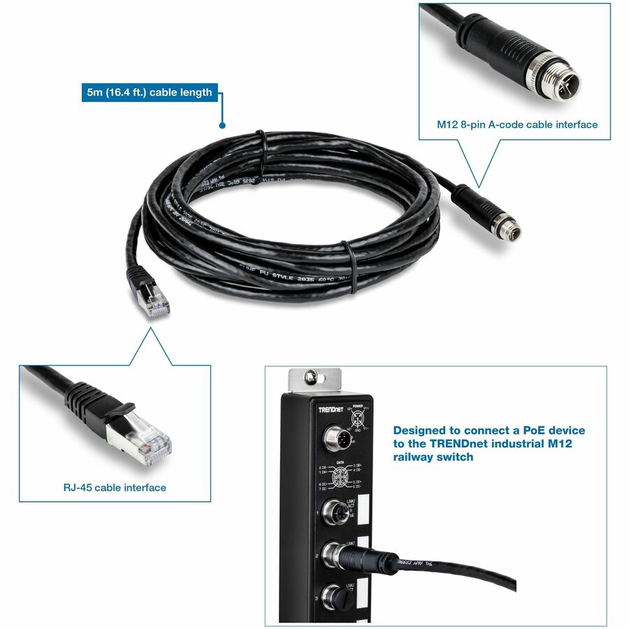 TRENDnet M12 to RJ-45 Industrial Ethernet Cable, 5m (16.4 ft.) TI-CD05