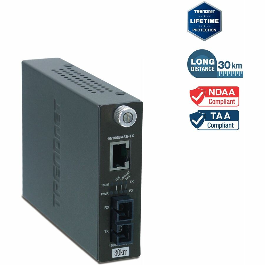 TRENDnet Intelligent 10/100Base-TX to 100Base-FX Single Mode SC Fiber Media Converter (30Km /18.6 Miles);Full-Duplex Mode; RJ-45 port; Fiber to Ethernet Converter; Lifetime Protection; TFC-110S30i TFC-110S30i