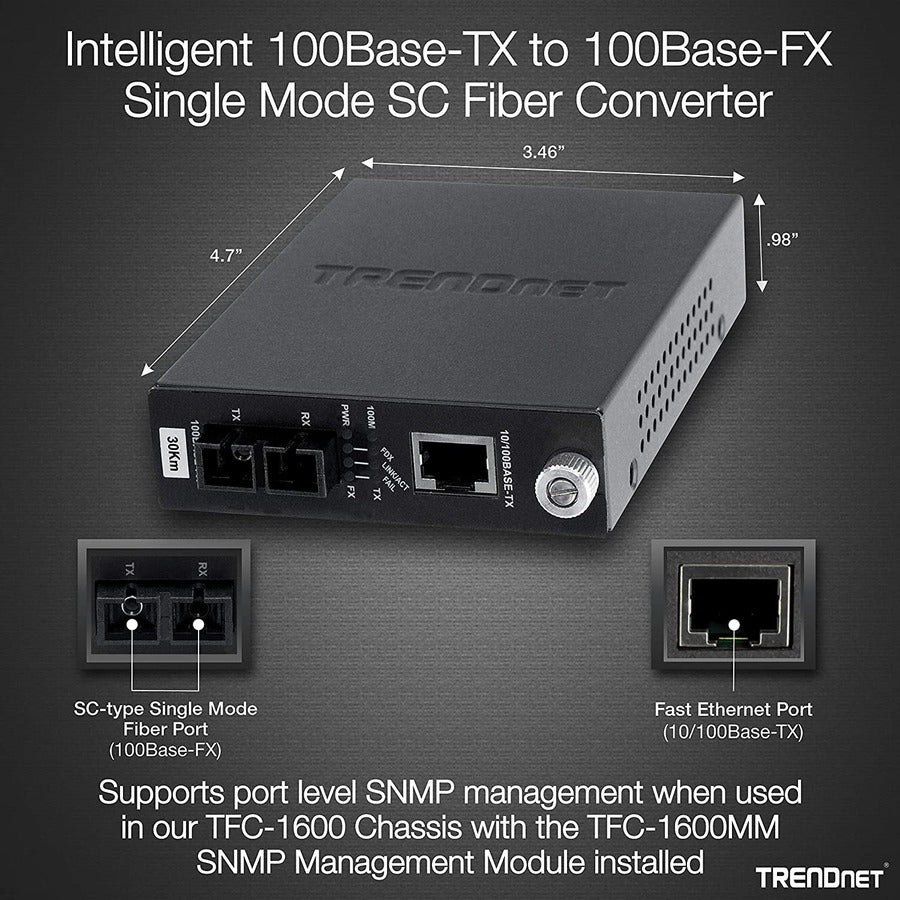 TRENDnet Intelligent 10/100Base-TX to 100Base-FX Single Mode SC Fiber Media Converter (30Km /18.6 Miles);Full-Duplex Mode; RJ-45 port; Fiber to Ethernet Converter; Lifetime Protection; TFC-110S30i TFC-110S30i