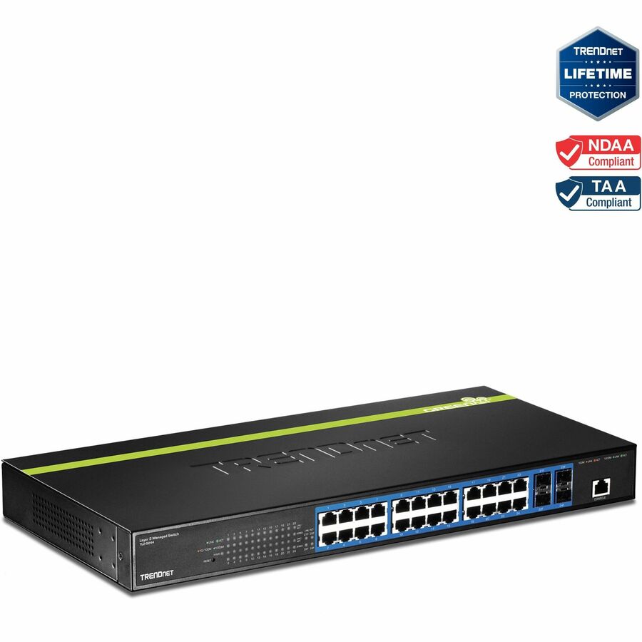 Switch TRENDnet 24 ports Gigabit Layer 2 avec 4 emplacements Mini-GBIC partagés ; Capacité de commutation de 48 Gbit/s ; SNMP ; Protection à vie ; TL2-G244 TL2-G244