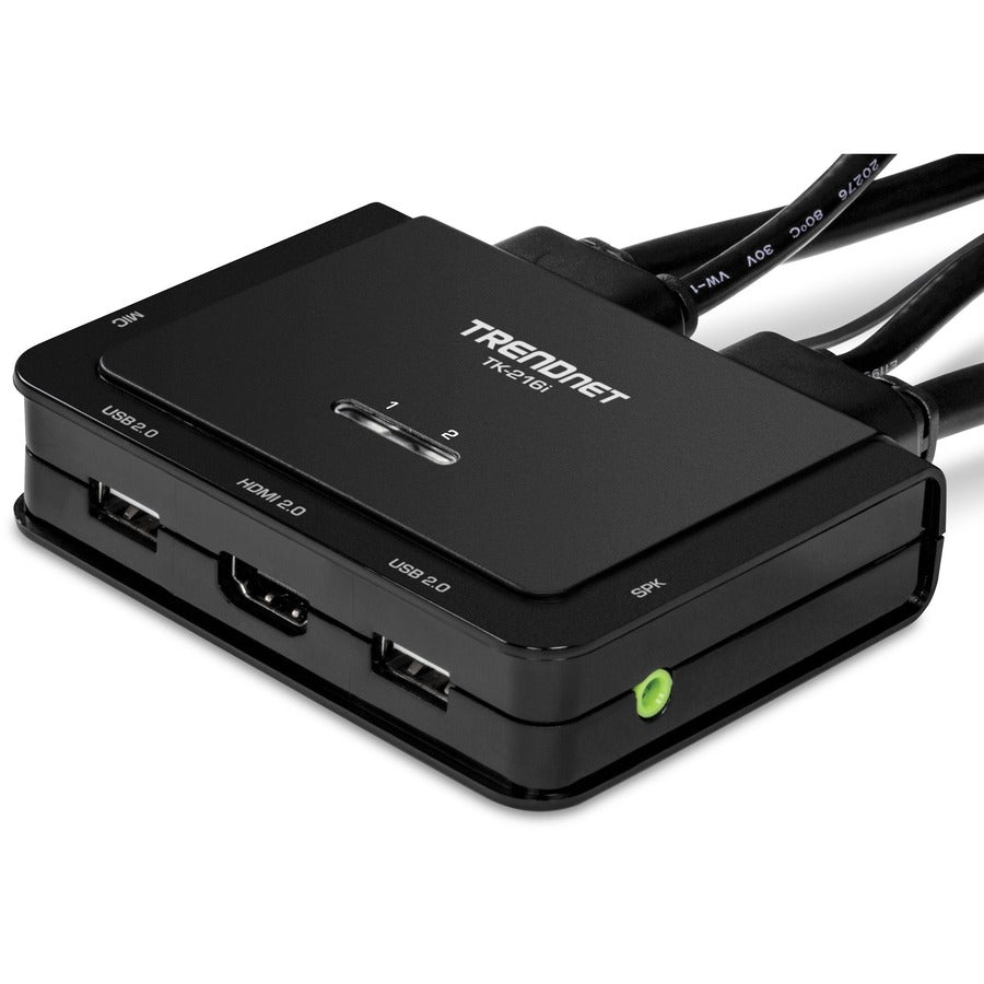 TRENDnet Commutateur KVM HDMI 4K 2 ports avec audio, TK-216i, 4K UHD (3840 x 2160 à 60 Hz, haut-parleur/microphone 3,5 mm, commutateur USB 2 ordinateurs, USB 2.0, HDMI 2.0, prise en charge audio HDMI 5.1, moniteur partage USB Commutateur TK-216I