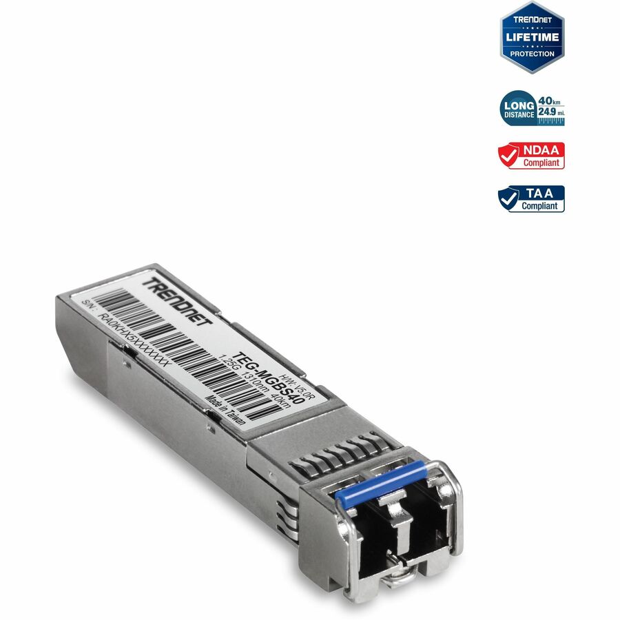 Module LC monomode TRENDnet SFP vers RJ45 Mini-GBIC ; TEG-MGBS40 ; Jusqu'à 40 km ; Fibre monomode ; Type de connecteur LC ; Connectez-vous avec un emplacement Mini-GBIC standard ; Connecteur LC duplex ; Protection à vie TEG-MGBS40