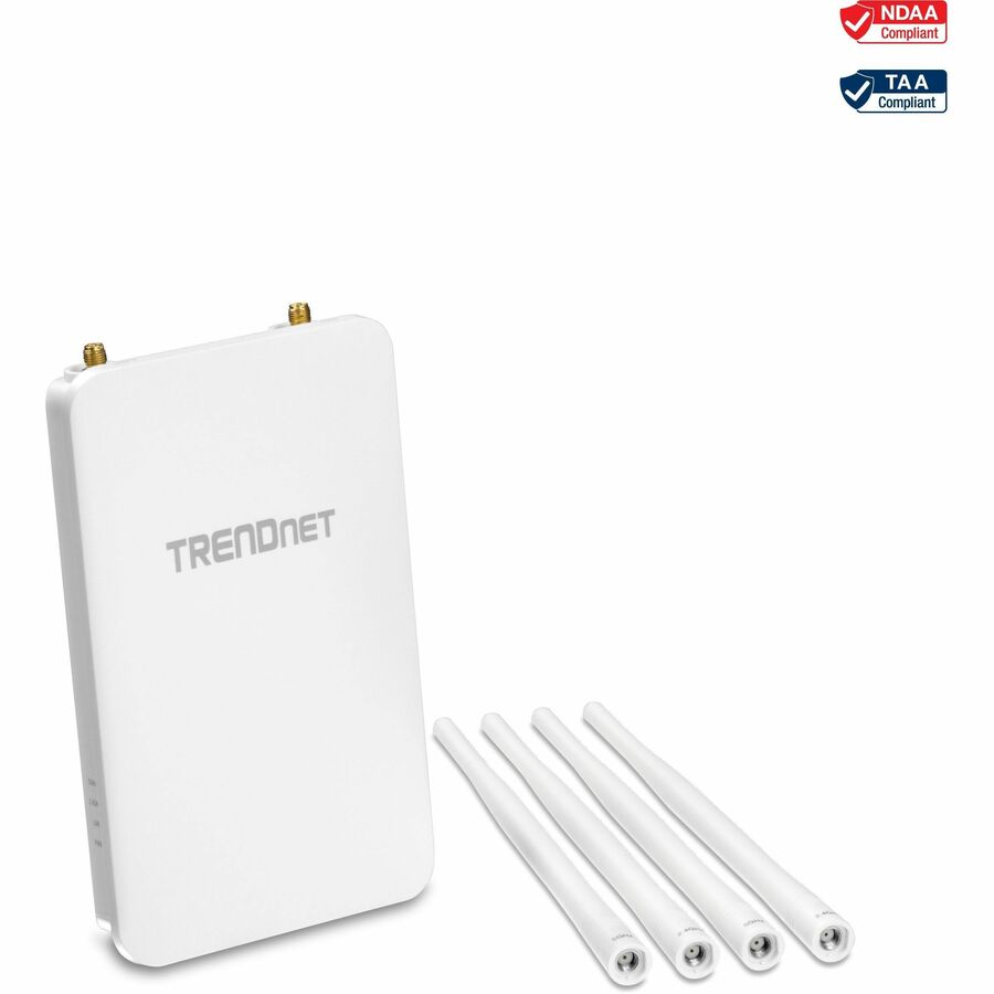 Point d'accès omnidirectionnel extérieur PoE+ sans fil AC1300 TRENDnet 5 DBI ; TEW-841APBO ; Antennes omnidirectionnelles 4 X 5 DBI ; Pontage WiFi point à point et point à multipoint ; IEEE 802.3AT PoE+ TEW-841APBO