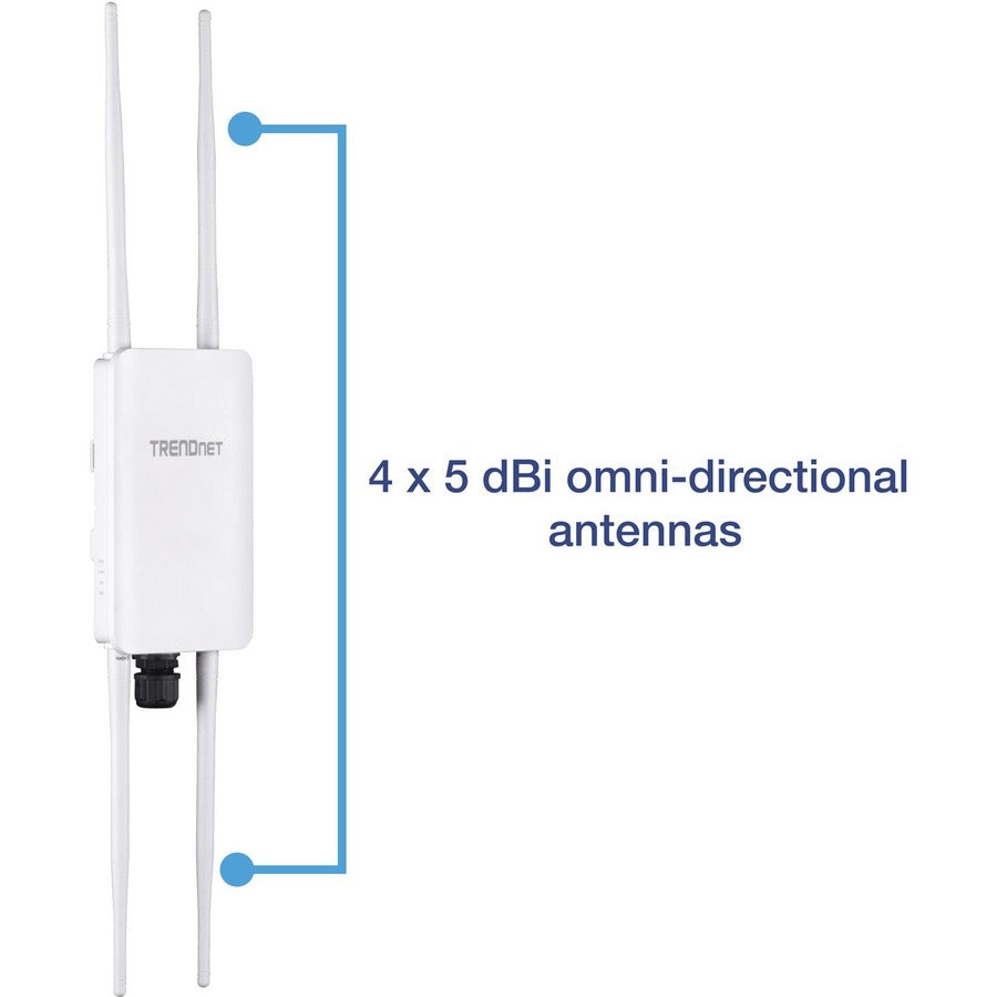 Point d'accès omnidirectionnel extérieur PoE+ sans fil AC1300 TRENDnet 5 DBI ; TEW-841APBO ; Antennes omnidirectionnelles 4 X 5 DBI ; Pontage WiFi point à point et point à multipoint ; IEEE 802.3AT PoE+ TEW-841APBO