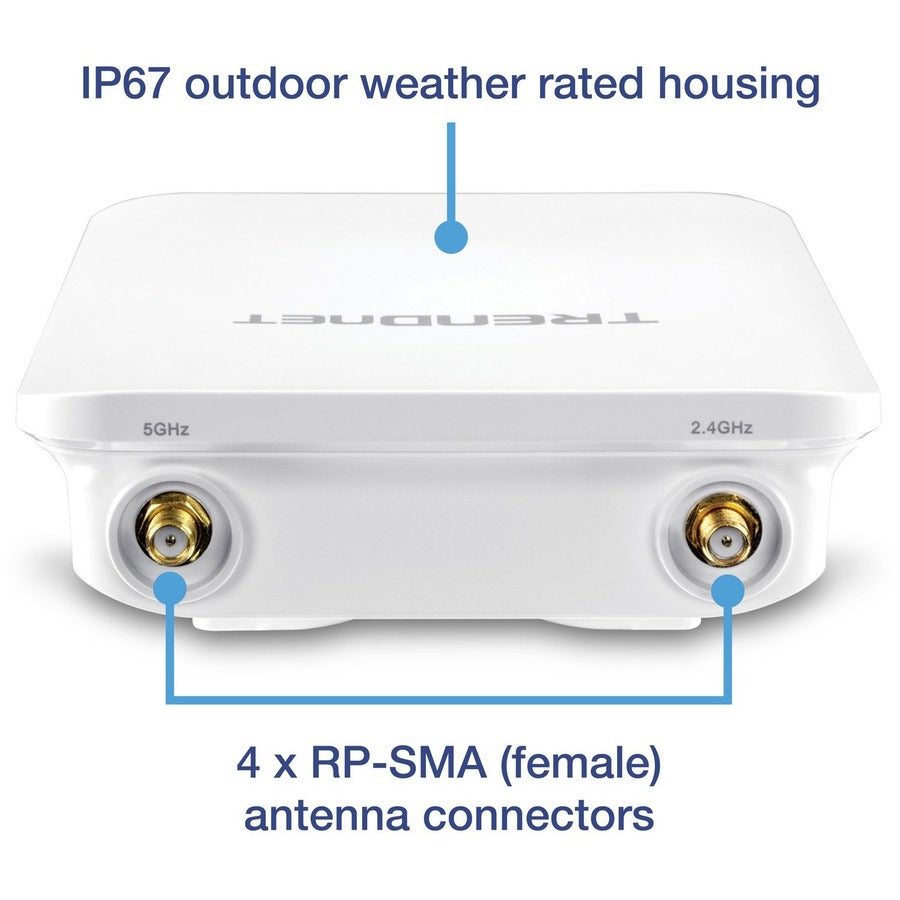 Point d'accès omnidirectionnel extérieur PoE+ sans fil AC1300 TRENDnet 5 DBI ; TEW-841APBO ; Antennes omnidirectionnelles 4 X 5 DBI ; Pontage WiFi point à point et point à multipoint ; IEEE 802.3AT PoE+ TEW-841APBO