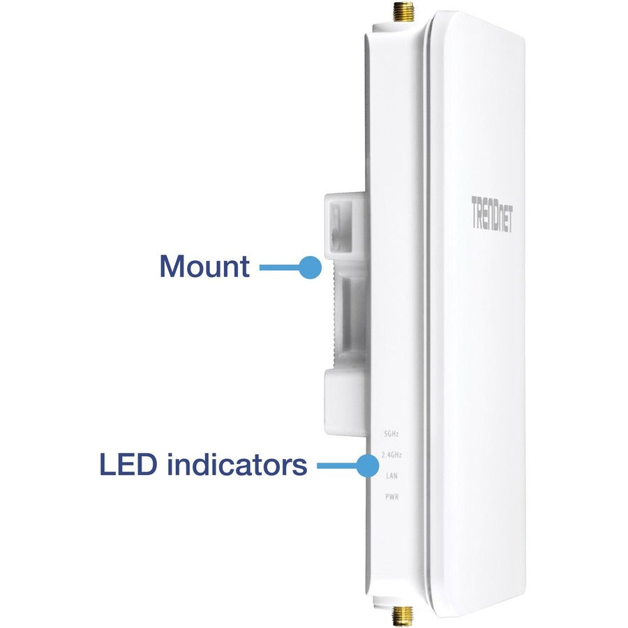 Point d'accès omnidirectionnel extérieur PoE+ sans fil AC1300 TRENDnet 5 DBI ; TEW-841APBO ; Antennes omnidirectionnelles 4 X 5 DBI ; Pontage WiFi point à point et point à multipoint ; IEEE 802.3AT PoE+ TEW-841APBO