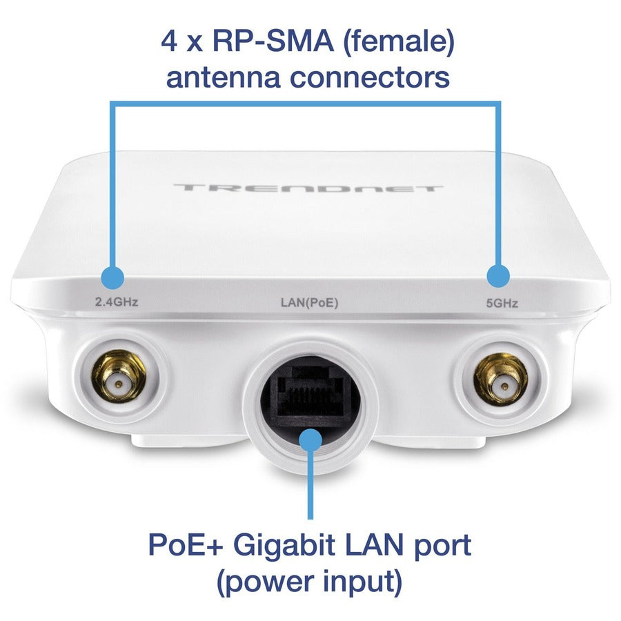 Point d'accès omnidirectionnel extérieur PoE+ sans fil AC1300 TRENDnet 5 DBI ; TEW-841APBO ; Antennes omnidirectionnelles 4 X 5 DBI ; Pontage WiFi point à point et point à multipoint ; IEEE 802.3AT PoE+ TEW-841APBO