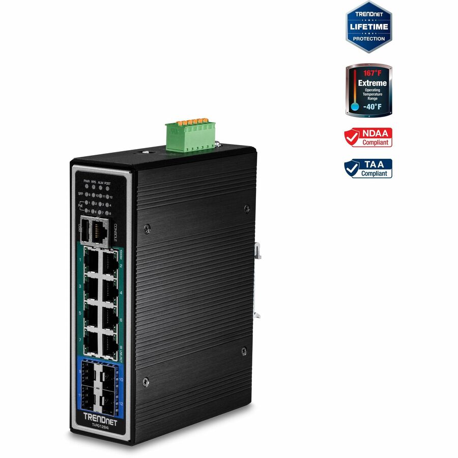 TRENDnet Commutateur Gigabit PoE+ industriel renforcé à 12 ports couche 2+ géré sur rail DIN, budget d'alimentation de 240 W, commutateur réseau Ethernet Gigabit PoE+ IP30 renforcé, protection à vie, noir, TI-PG1284i TI-PG1284i