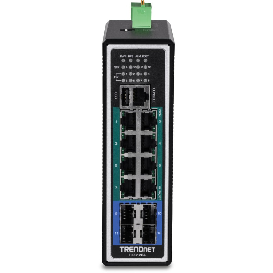 TRENDnet 12-Port Hardened Industrial Gigabit PoE+ Layer 2+ Managed DIN-Rail Switch, 240W Power Budget, Hardened IP30 Network Ethernet Gigabit PoE+ Switch, Lifetime Protection, Black, TI-PG1284i TI-PG1284i