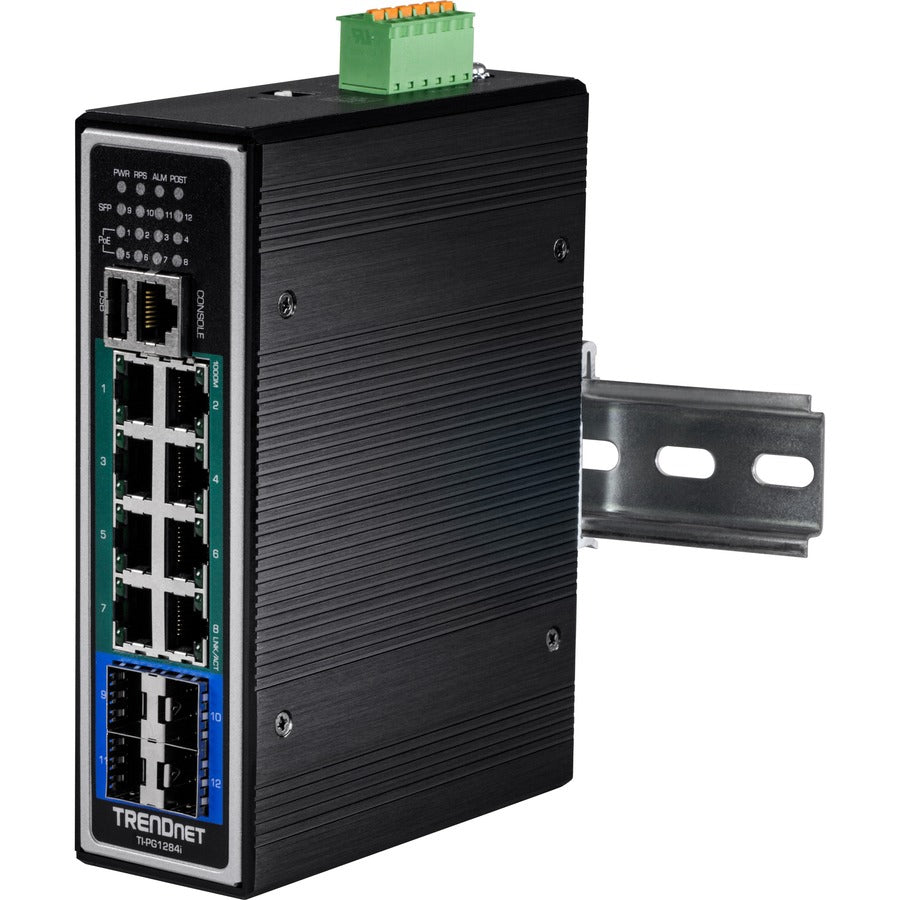 TRENDnet Commutateur Gigabit PoE+ industriel renforcé à 12 ports couche 2+ géré sur rail DIN, budget d'alimentation de 240 W, commutateur réseau Ethernet Gigabit PoE+ IP30 renforcé, protection à vie, noir, TI-PG1284i TI-PG1284i