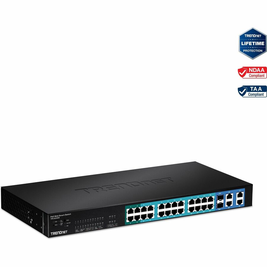 TRENDnet Switch Web Smart PoE+ 28 ports 10/100 Mbps, 20 ports PoE, 4 ports PoE+, 2 ports Gigabit, 2 ports Gigabit partagés (RJ-45 ou SFP), montable en rack, protection à vie, noir, TPE- 224WS TPE-224WS