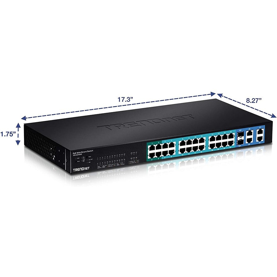 TRENDnet 28-Port 10/100Mbps Web Smart PoE+ Switch, 20 x PoE Ports, 4 x PoE+ Ports, 2 x Gigabit Ports, 2 x Shared Gigabit Ports (RJ-45 or SFP), Rack Mountable, Lifetime Protection, Black, TPE-224WS TPE-224WS