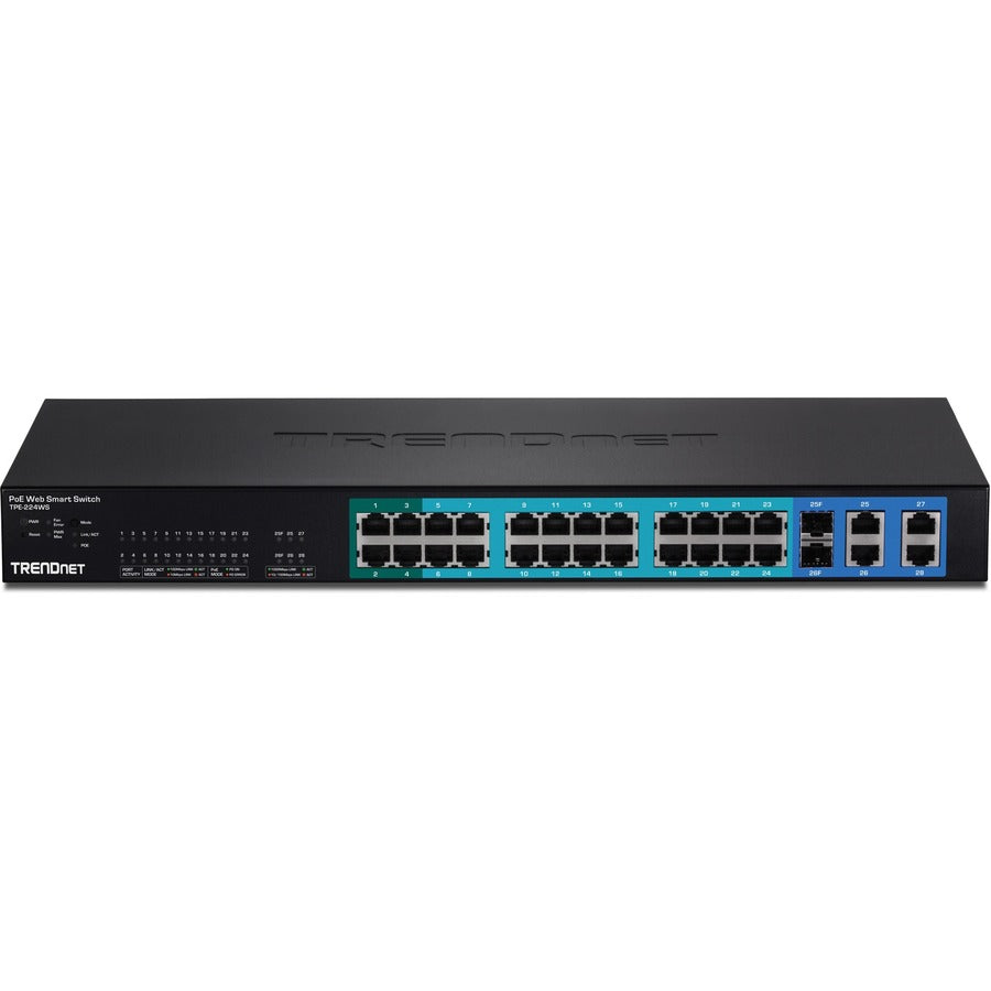 TRENDnet 28-Port 10/100Mbps Web Smart PoE+ Switch, 20 x PoE Ports, 4 x PoE+ Ports, 2 x Gigabit Ports, 2 x Shared Gigabit Ports (RJ-45 or SFP), Rack Mountable, Lifetime Protection, Black, TPE-224WS TPE-224WS