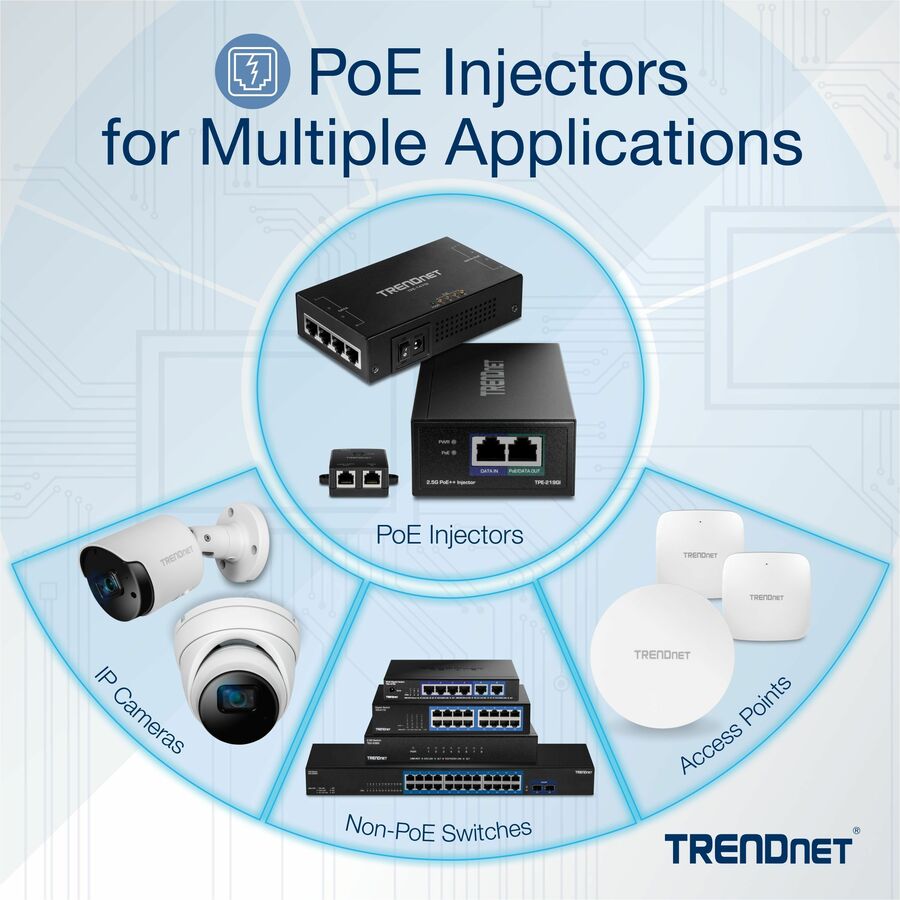 TRENDnet 2.5G PoE+ Injector, TPE-215GI, PoE (15.4W) or PoE+ (30W), Converts a non-PoE Port to a PoE+ 2.5G Port, 2.5GBASE-T Compliant, Integrated Power Supply, Network a PoE device up to 100m (328 ft.) TPE-215GI