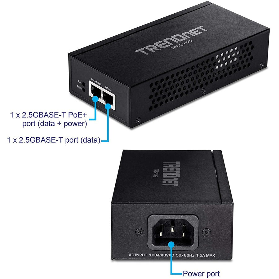 TRENDnet 2.5G PoE+ Injector, TPE-215GI, PoE (15.4W) or PoE+ (30W), Converts a non-PoE Port to a PoE+ 2.5G Port, 2.5GBASE-T Compliant, Integrated Power Supply, Network a PoE device up to 100m (328 ft.) TPE-215GI