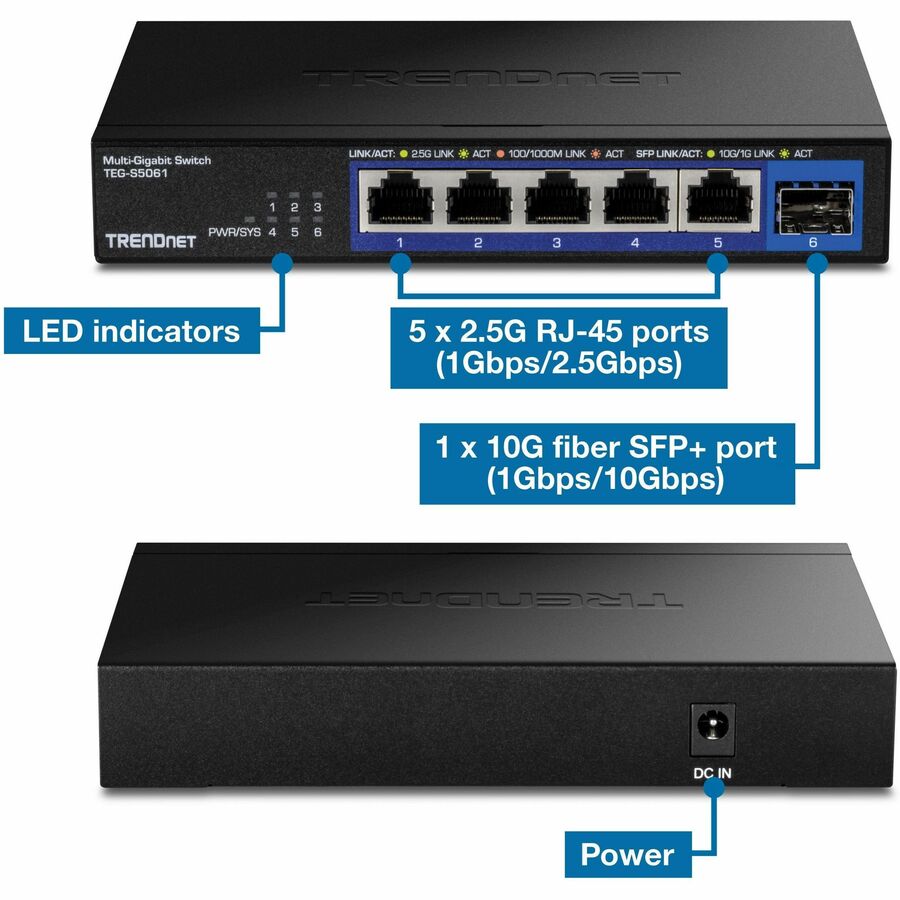 Commutateur non géré TRENDnet 6 ports 2,5G avec port SFP+ 10G TEG-S5061