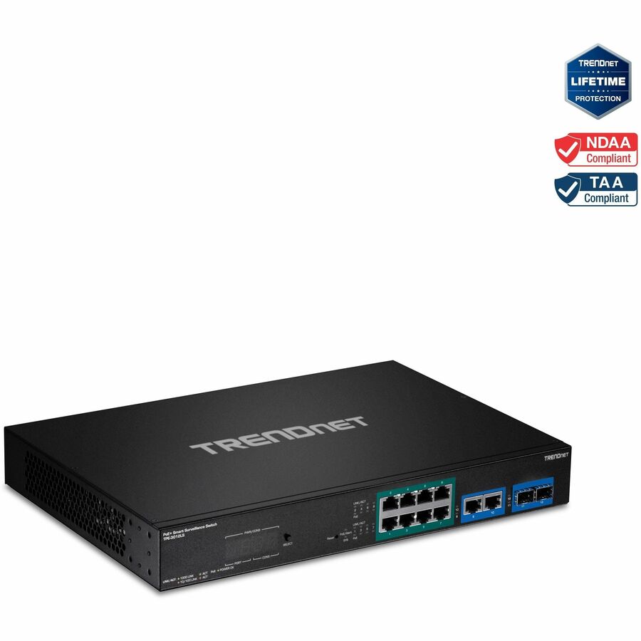 Commutateur de surveillance intelligent TRENDnet 12 ports Gigabit PoE+ avec 8 ports Gigabit PoE+ ; TPE-3012LS ; 2 ports Gigabit ; 2 emplacements SFP ; Budget PoE de 110 W ; PoE+ longue portée ; VLAN ; QoS ; LACP ; ONVIF TPE-3012LS