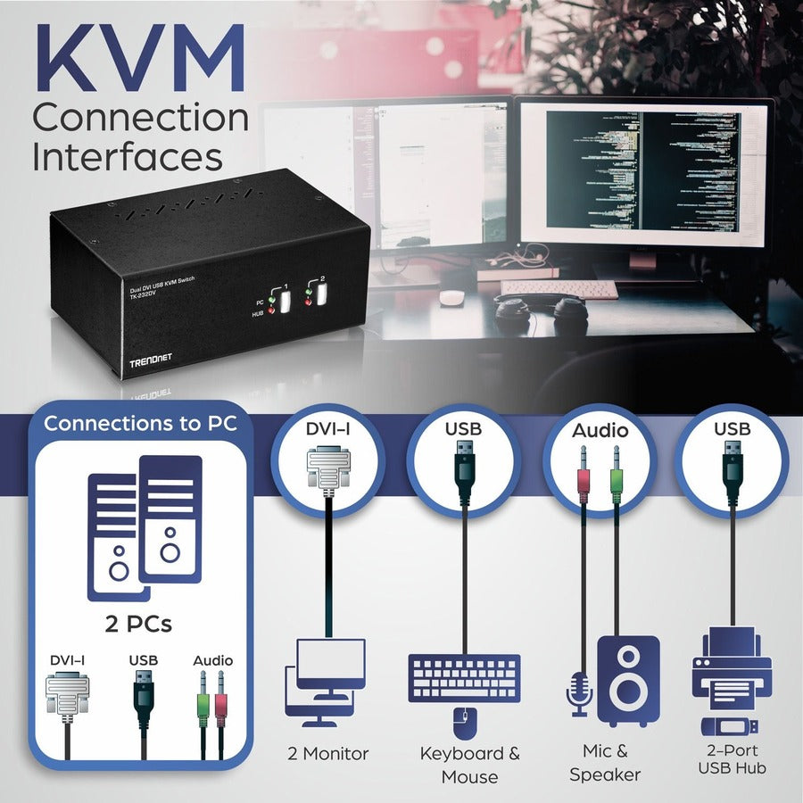 TRENDnet Commutateur KVM DVI double moniteur 2 ports avec audio, hub USB 2.0 2 ports, résolutions numériques jusqu'à 1920 x 1200, résolutions analogiques jusqu'à 2048 x 1536, TK-232DV TK-232DV