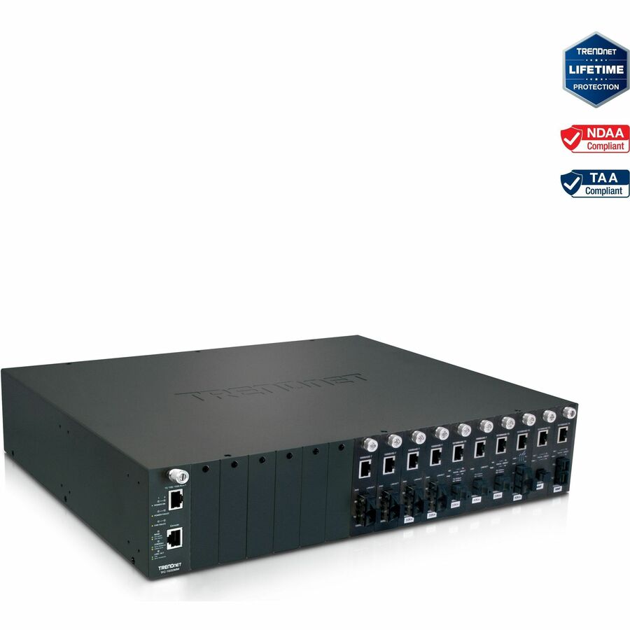 TRENDnet 16-Bay Fiber Converter Chassis System; Hot Swappable; Housing for up to 16 TFC Series Media Converters; Fast Ethernet RJ45; RS-232; SNMP Management Module; Lifetime Protection; TFC-1600 TFC-1600