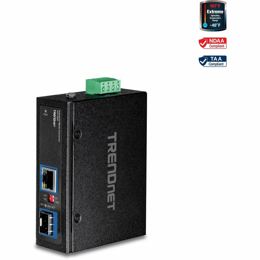 TRENDnet Hardened Industrial 100/1000 Base-T To SFP Media Converter, DIN-Rail And Wall Mount Hardware Included, Multi Or Single Mode Fiber, Power Supply Sold Separately, Black, TI-F11SFP TI-F11SFP