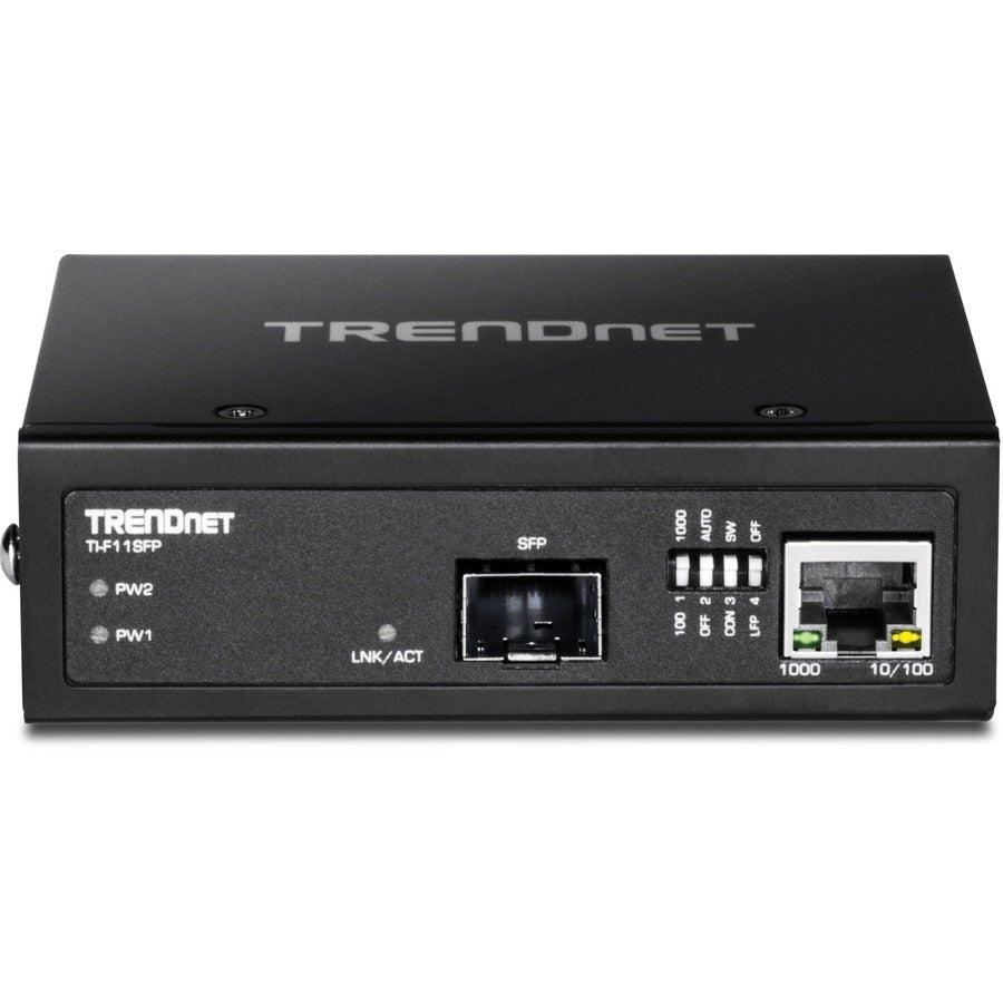 TRENDnet Hardened Industrial 100/1000 Base-T To SFP Media Converter, DIN-Rail And Wall Mount Hardware Included, Multi Or Single Mode Fiber, Power Supply Sold Separately, Black, TI-F11SFP TI-F11SFP