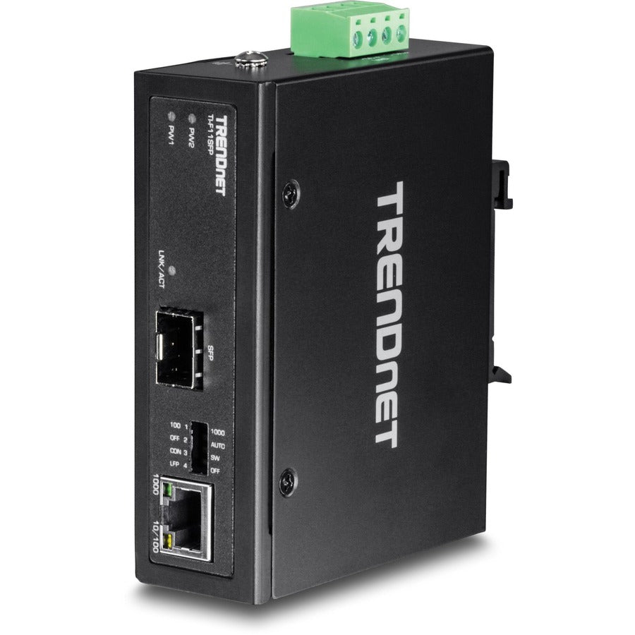 TRENDnet Hardened Industrial 100/1000 Base-T To SFP Media Converter, DIN-Rail And Wall Mount Hardware Included, Multi Or Single Mode Fiber, Power Supply Sold Separately, Black, TI-F11SFP TI-F11SFP