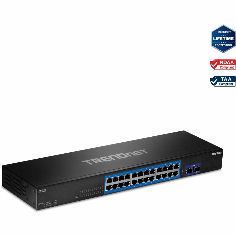 TRENDnet 24-Port Gigabit Switch with 2 X 10G SFP+ Slots; Fanless Design; 19? 1U Rack mountable; TEG-30262 TEG-30262