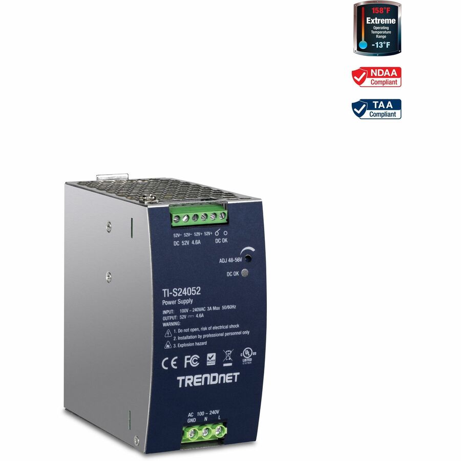 TRENDnet 240W 52V DC, 4.61A AC to DC DIN-Rail Industrial Power Supply, Built-In Power Factor Controller Function, Extreme Operating Temperature Range -25&deg; - 70&deg; C (-13&deg; - 158&deg; F), Silver, TI-S24052 TI-S24052