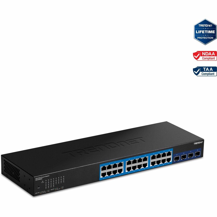 TRENDnet Commutateur intelligent Web 28 ports, 24 ports Gigabit, 4 emplacements SFP+ 10G, liaisons montantes réseau haut débit, capacité de commutation 128 Gbit/s, commutateur réseau Ethernet, montable en rack 1U, noir, TEG-30284 TEG-30284