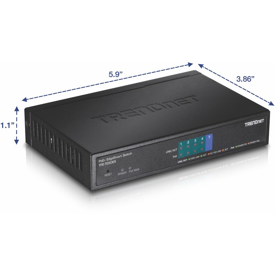 TRENDnet Switch Gigabit EdgeSmart PoE+ 5 ports, 4 ports Gigabit PoE+, 1 port Gigabit, budget d'alimentation PoE 31 W, commutateur PoE+ géré, montable au mur, protection à vie, noir, TPE-TG50ES TPE-TG50ES