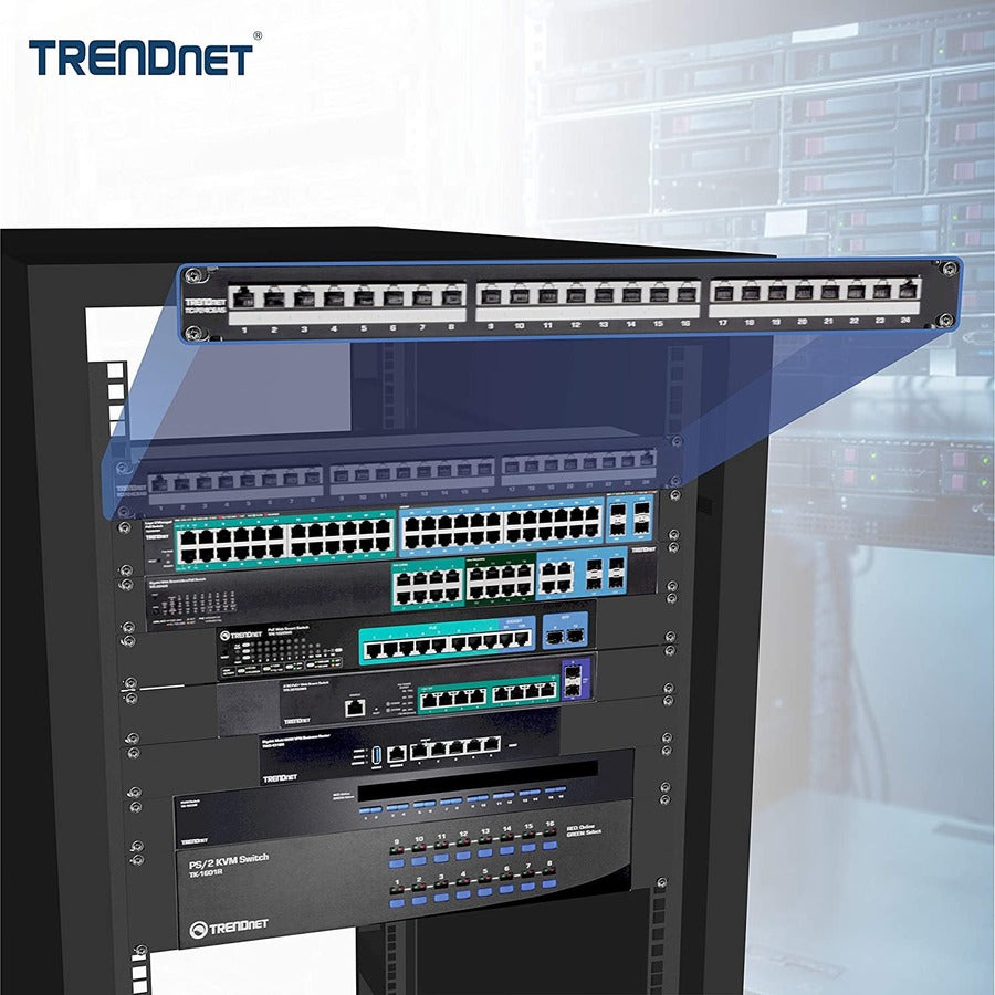 TRENDnet 24-Port Cat6A Shielded 1U Patch Panel, 19" 1U Rackmount Housing, Compatible With Cat5e, Cat6, And Cat6A Cabling, Ethernet Cable Management, Color Coded Labeling, Black, TC-P24C6AS TC-P24C6AS