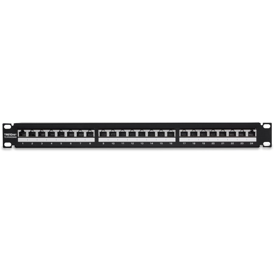 TRENDnet 24-Port Cat6A Shielded 1U Patch Panel, 19" 1U Rackmount Housing, Compatible With Cat5e, Cat6, And Cat6A Cabling, Ethernet Cable Management, Color Coded Labeling, Black, TC-P24C6AS TC-P24C6AS