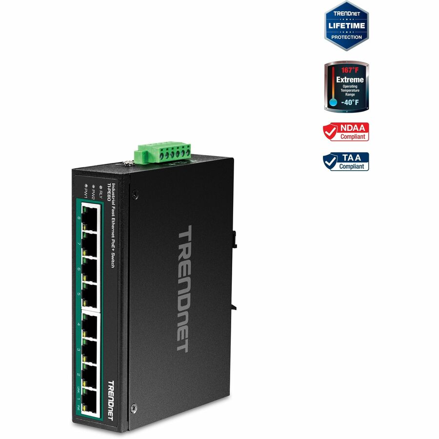 TRENDnet 8-Port Industrial Fast Ethernet PoE+ DIN-Rail Switch;TI-PE80;8 x Fast Ethernet PoE+ Ports;IP30 Network Unmanaged Switch;200W PoE Power Budget; 1.6Gbps Switching Capacity; Lifetime Protection TI-PE80