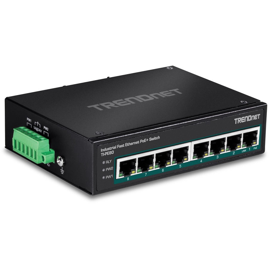 TRENDnet 8-Port Industrial Fast Ethernet PoE+ DIN-Rail Switch;TI-PE80;8 x Fast Ethernet PoE+ Ports;IP30 Network Unmanaged Switch;200W PoE Power Budget; 1.6Gbps Switching Capacity; Lifetime Protection TI-PE80