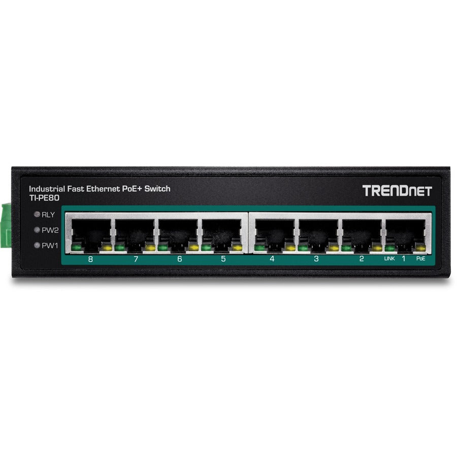 TRENDnet 8-Port Industrial Fast Ethernet PoE+ DIN-Rail Switch;TI-PE80;8 x Fast Ethernet PoE+ Ports;IP30 Network Unmanaged Switch;200W PoE Power Budget; 1.6Gbps Switching Capacity; Lifetime Protection TI-PE80