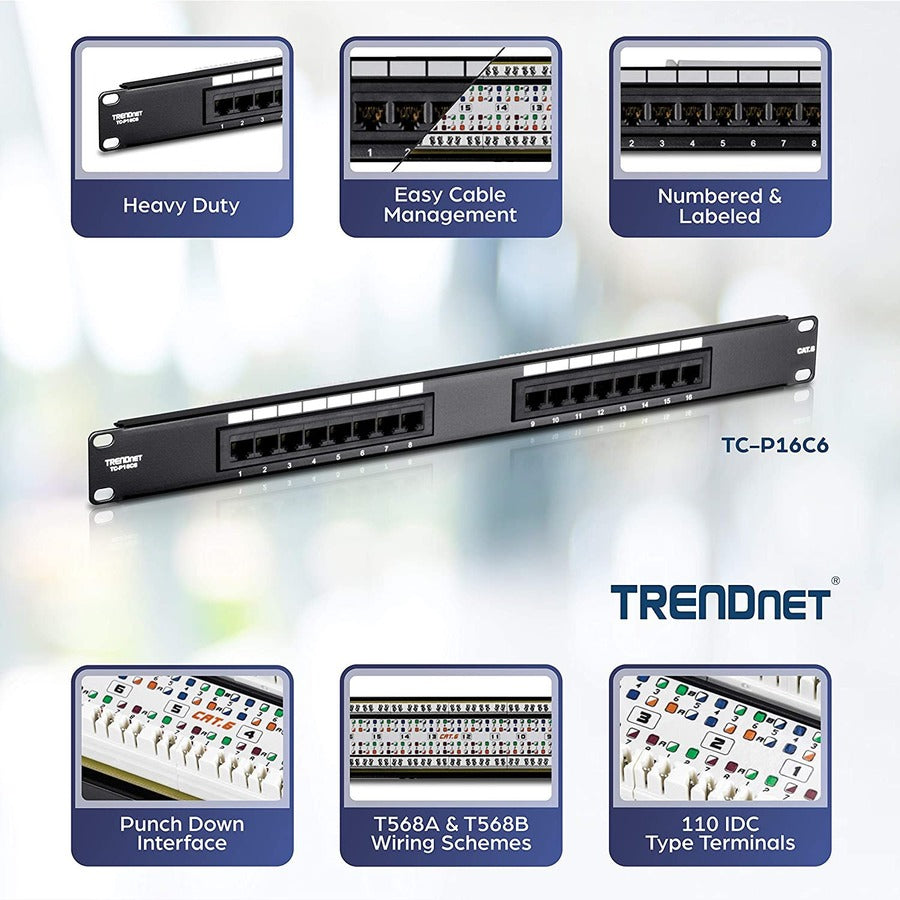 TRENDnet 16-Port Cat6 Unshielded Patch Panel, Wallmount Or Rackmount, 1U 19" , Cat3,Cat4,Cat5,Cat5e,Cat6 Compatible, 250Mhz Connection, Ideal For Copper Gigabit Ethernet Connections, Black, TC-P16C6 TC-P16C6
