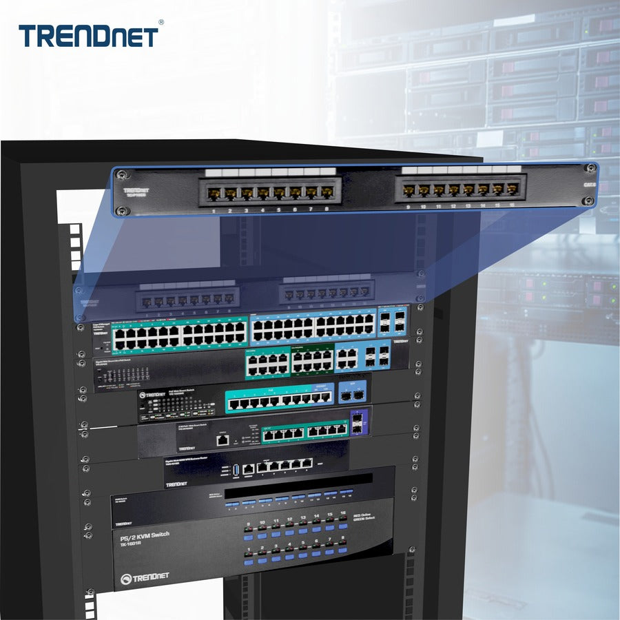 TRENDnet 16-Port Cat6 Unshielded Patch Panel, Wallmount Or Rackmount, 1U 19" , Cat3,Cat4,Cat5,Cat5e,Cat6 Compatible, 250Mhz Connection, Ideal For Copper Gigabit Ethernet Connections, Black, TC-P16C6 TC-P16C6