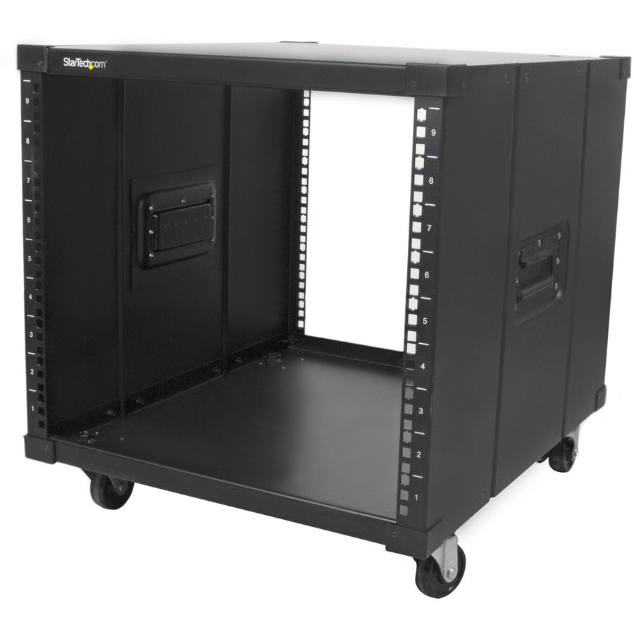 StarTech.com 4-Post 9U Mobile Open Frame Server Rack, 19" Network Rolling Rack for Narrow Spaces, Small Data Rack with Casters, TAA RK960CP