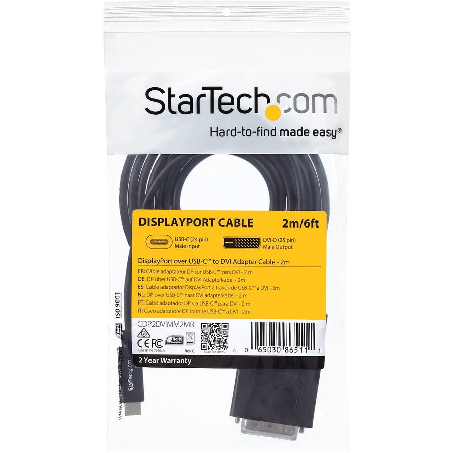 StarTech.com Câble USB-C vers DVI de 2 m - Câble adaptateur vidéo USB Type-C - 1920 x 1200 - Noir CDP2DVIMM2MB