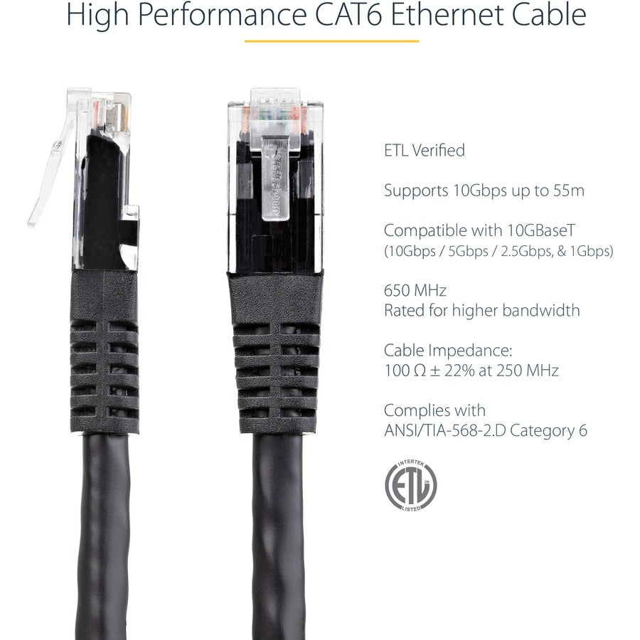 StarTech.com 50ft CAT6 Ethernet Cable - Black Molded Gigabit - 100W PoE UTP 650MHz - Category 6 Patch Cord UL Certified Wiring/TIA C6PATCH50BK