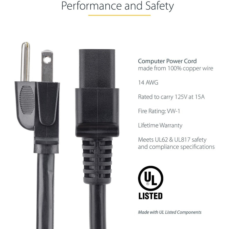 StarTech.com 6ft (1.8m) Heavy Duty Power Cord, NEMA 5-15P to C19, 15A 125V, 14AWG, Computer Power Cord, Heavy Gauge Power Cable PXT515C19146