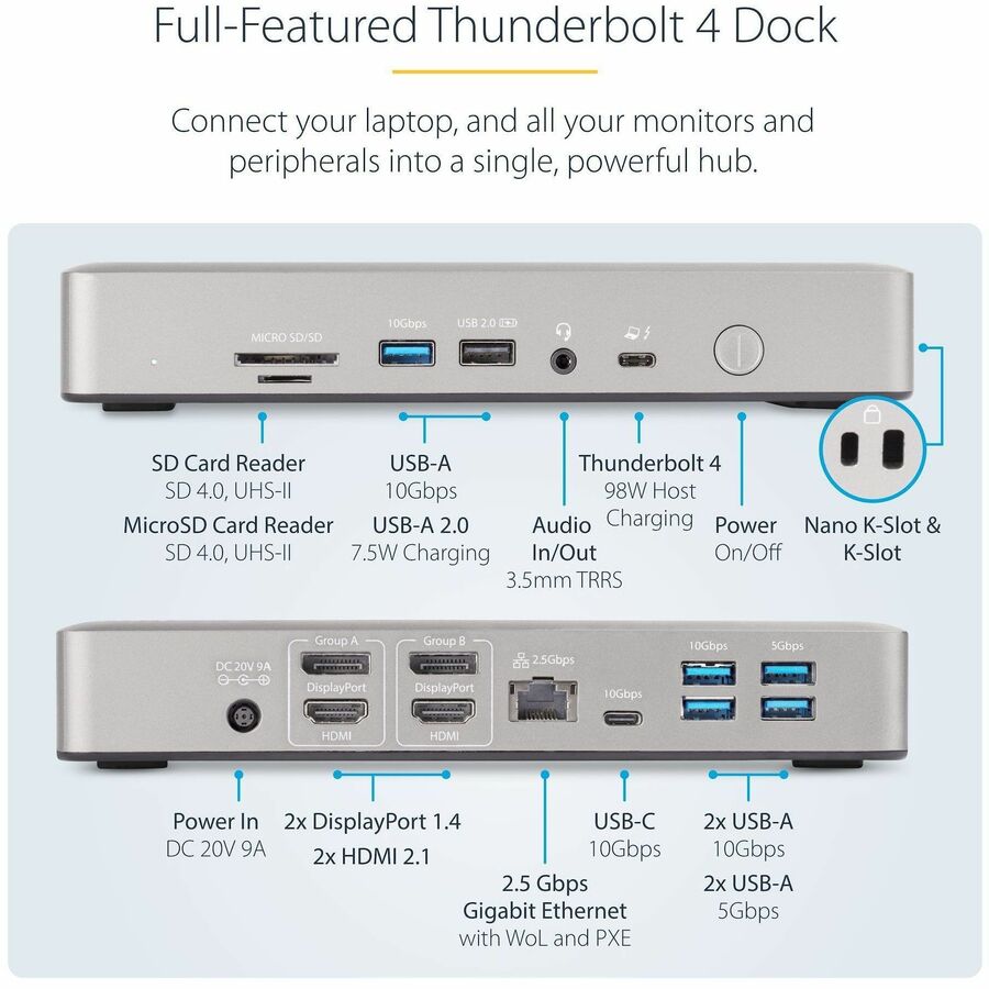 StarTech.com Thunderbolt 4 Multi-Display Docking Station, Quad/Triple/Dual Monitor Dock, 2x HDMI/2x DP, 7x USB Hub, 2.5Gb Ethernet, 98W PD 132N-TB4USB4DOCK